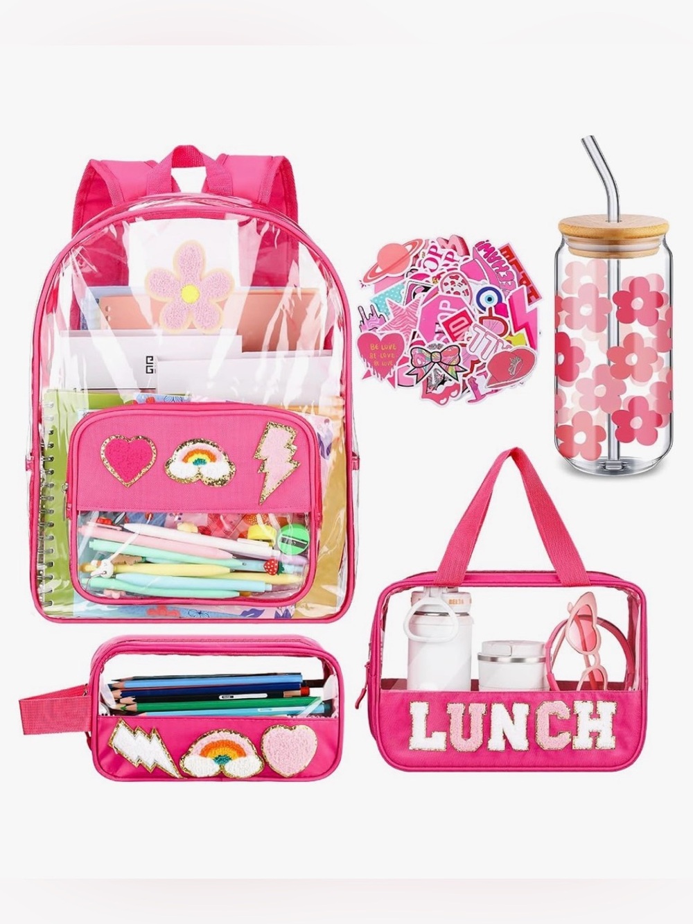 Huhumy 5 Pc Pink Clear Backpack Set Lunch Bag Pencil Case Cup Stickers